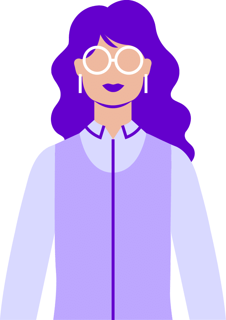 Illustratie van een vrouwelijke docent met bril in paarse huisstijl van All You Can Learn