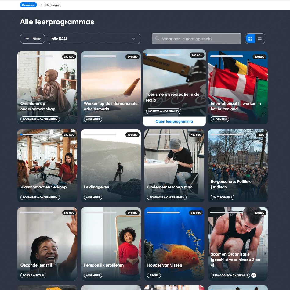 Screenshot van het digitale aanbod met keuzedelen op het All You Can Learn-platform, inclusief modules over burgerschap, ondernemerschap en persoonlijke ontwikkeling