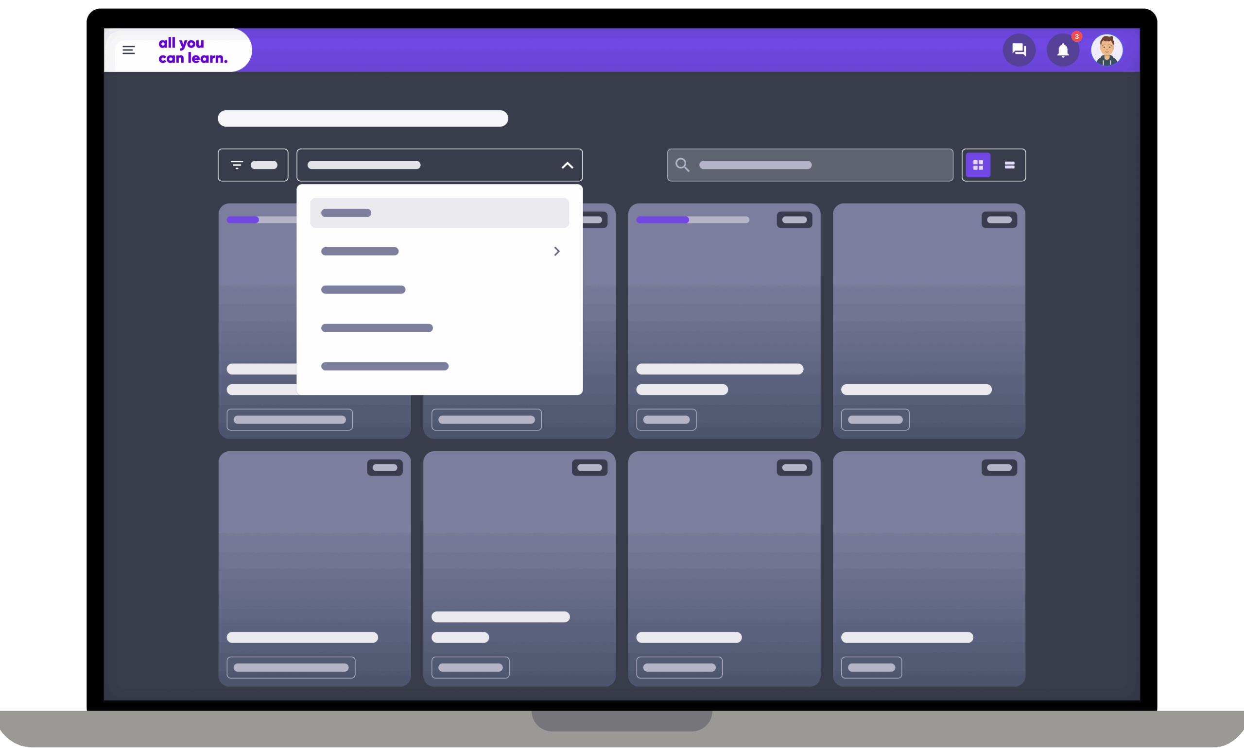 Illustratie van het All You Can Learn-platform op een laptop, met overzicht van leerprogramma’s en filters