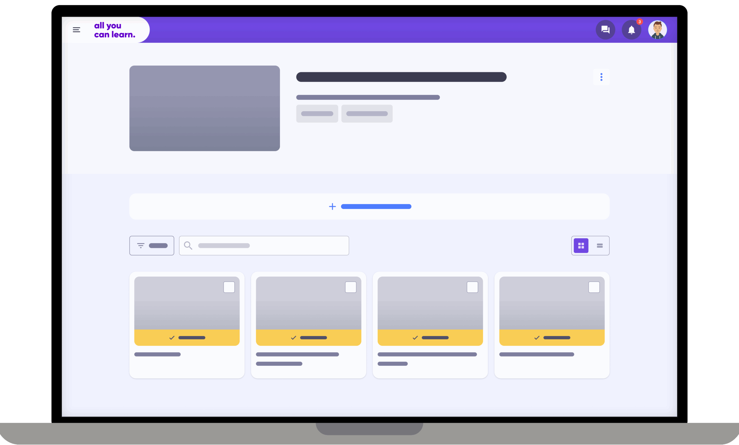 Dashboardweergave van All You Can Learn met overzicht van leerprogramma’s op een laptopscherm