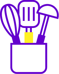 Illustratie van een paarse pot met keukenhulpen, symbool voor de complete onderwijsmiddelen die All You Can Learn aanbiedt