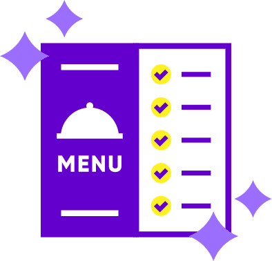 Illustratie van een paarse menukaart met vinkjes, symbool voor de keuzemogelijkheden binnen het platform van All You Can Learn