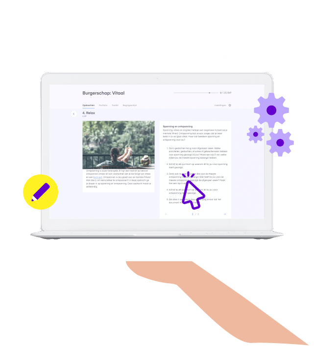 Illustratie van een laptop met burgerschapslesmateriaal, gepresenteerd als digitaal gerecht op een serveerhand, symbool voor flexibel onderwijs via All You Can Learn