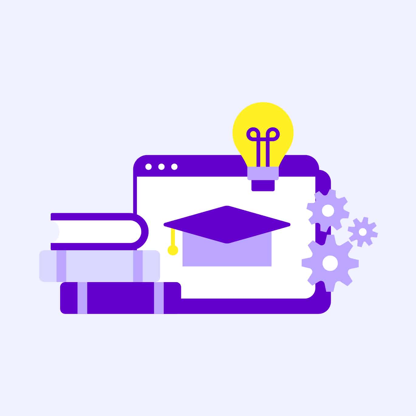 Illustratie van boeken, tandwielen en een afstudeericoon als symbool voor kennis en innovatie.