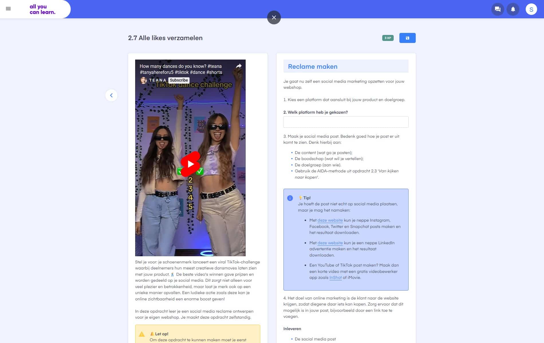 Voorbeeldopdracht ‘Alle likes verzamelen’ binnen het keuzedeel Online marketing en het toepassen van e-commerce (K0519)