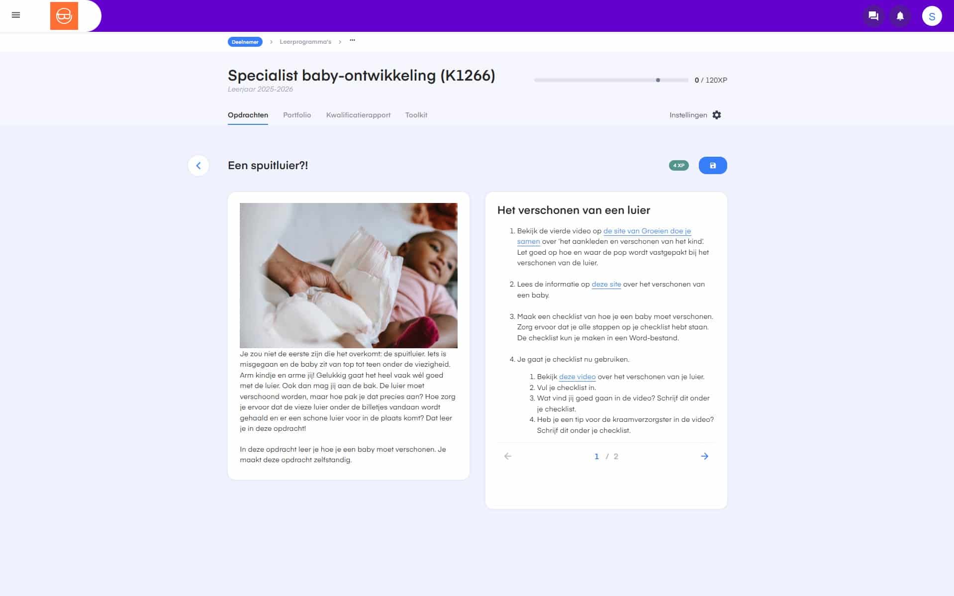 Voorbeeldopdracht ‘Een spuitluier’ binnen het keuzedeel Specialist baby ontwikkeling (K1266)