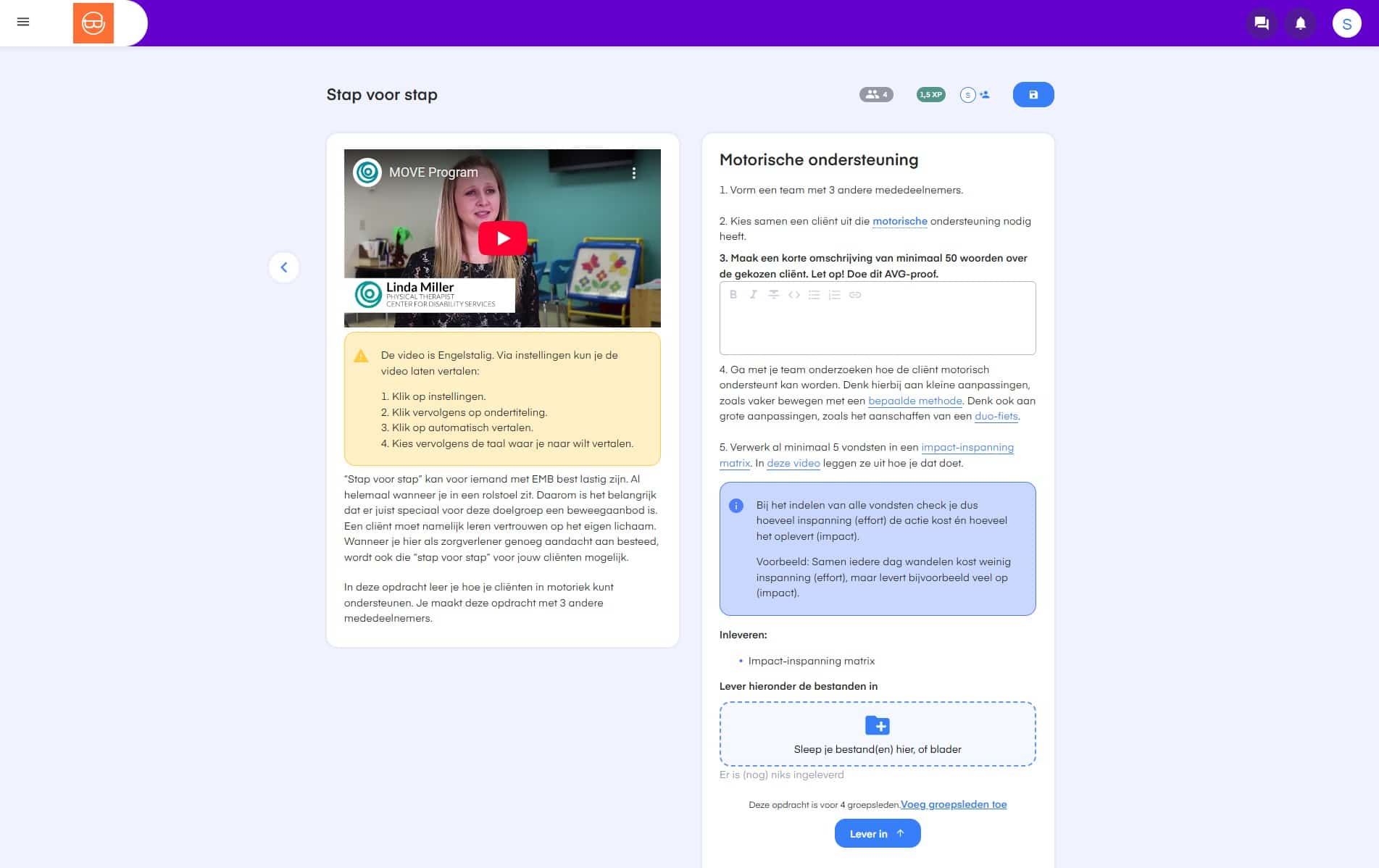 Voorbeeldopdracht ‘Stap voor stap’ binnen het keuzedeel Ernstig meervoudige beperkingen (K0233)