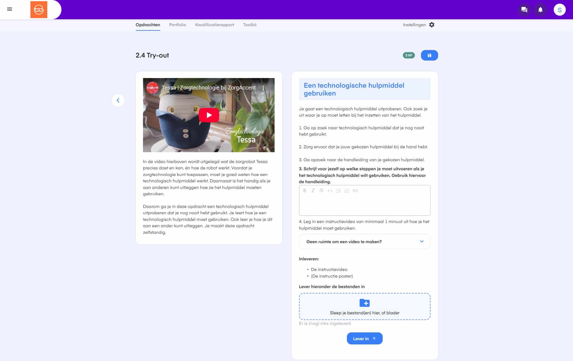 Voorbeeldopdracht ‘Try out’ binnen het keuzedeel Zorg en technologie toepassen (K0136)