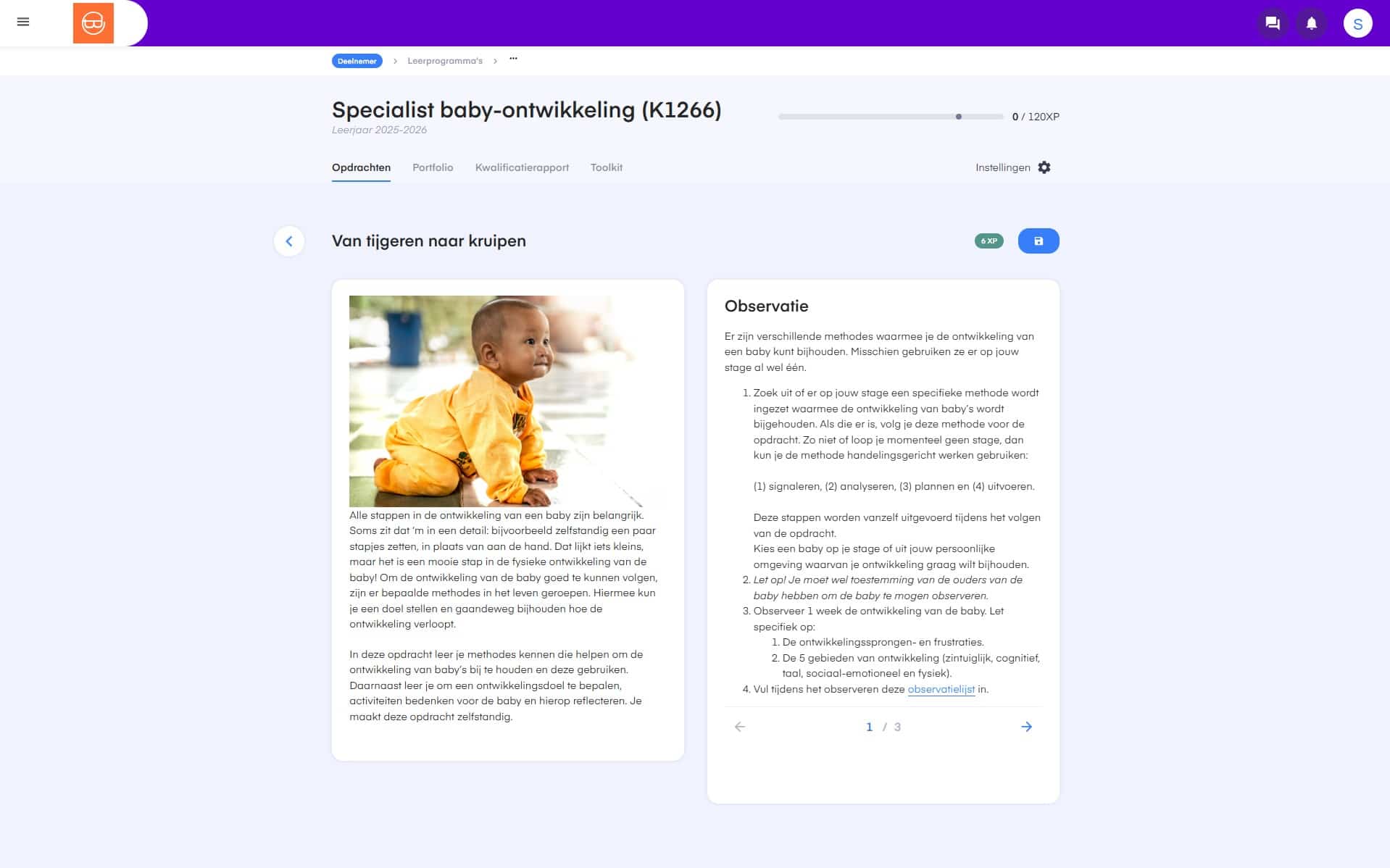 Voorbeeldopdracht ‘Van tijgeren naar kruipen’ binnen het keuzedeel Specialist baby ontwikkeling (K1266)