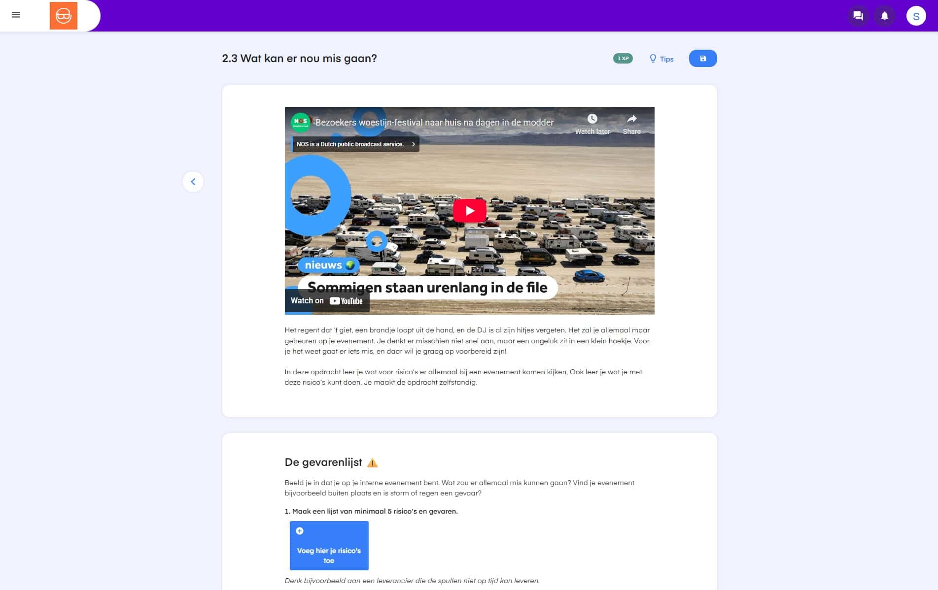 Voorbeeldopdracht ‘Wat kan er nou mis gaan?’ binnen het keuzedeel Organisatie interne evenementen (K0077)