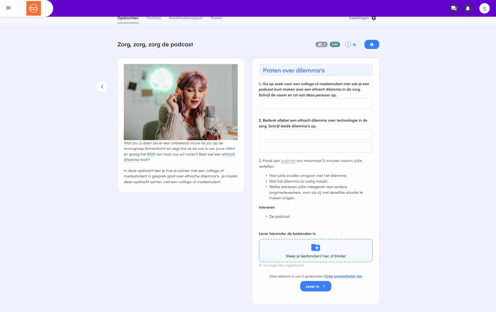 Voorbeeldopdracht ‘Zorg, zorg, zorg de podcast’ binnen het keuzedeel Zorg en technologie toepassen (K0136)