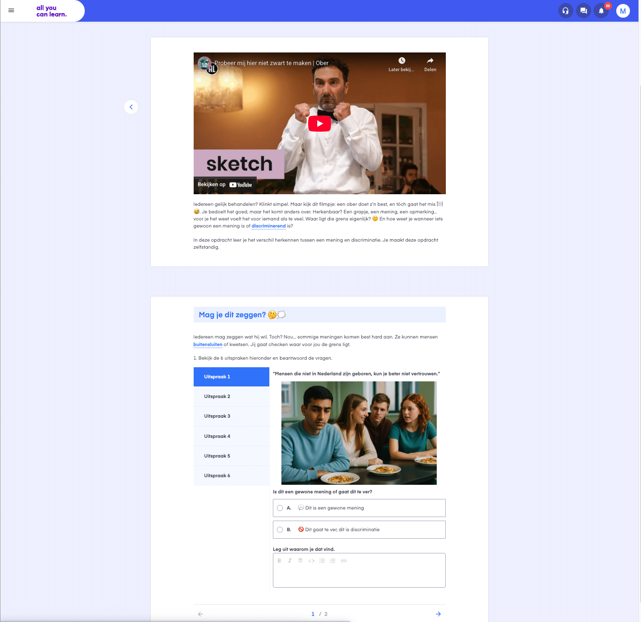Leeromgeving van All You Can Learn met een video-opdracht over gelijke behandeling en het verschil tussen een mening en discriminatie.