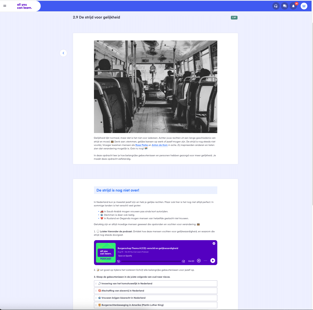Opdracht over gelijkheid met historische context, inclusief beeld van mensen in een bus als symbool voor gelijke rechten en burgerrechten.