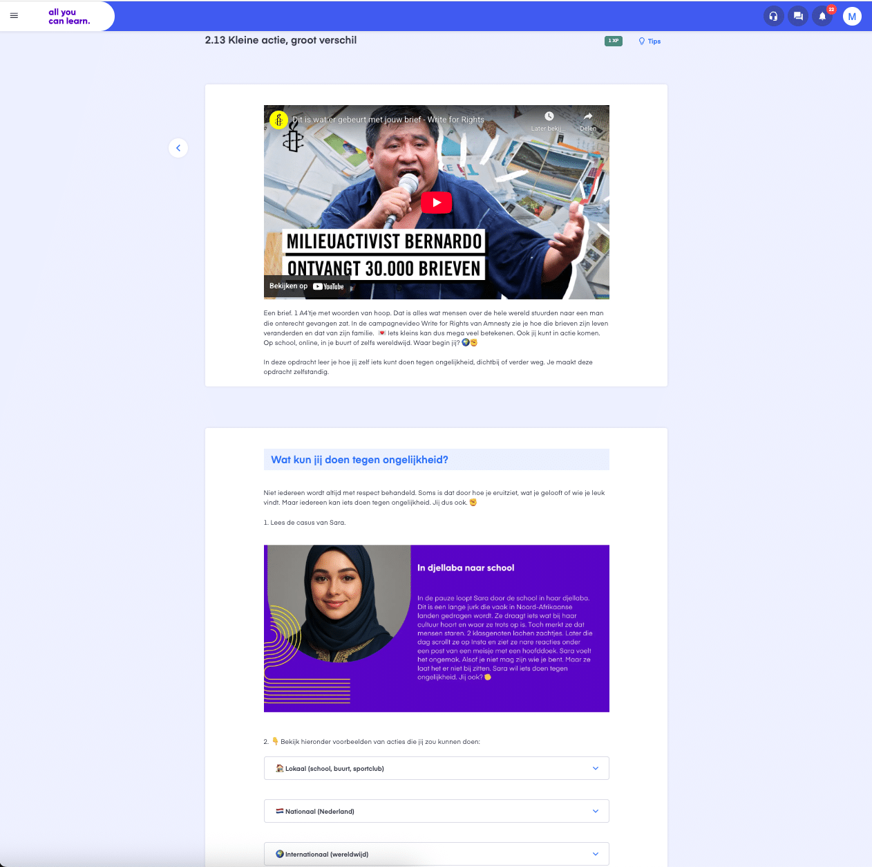 Video-opdracht binnen burgerschap waarin een mensenrechtenactivist laat zien hoe kleine acties kunnen bijdragen aan meer gelijkwaardigheid.