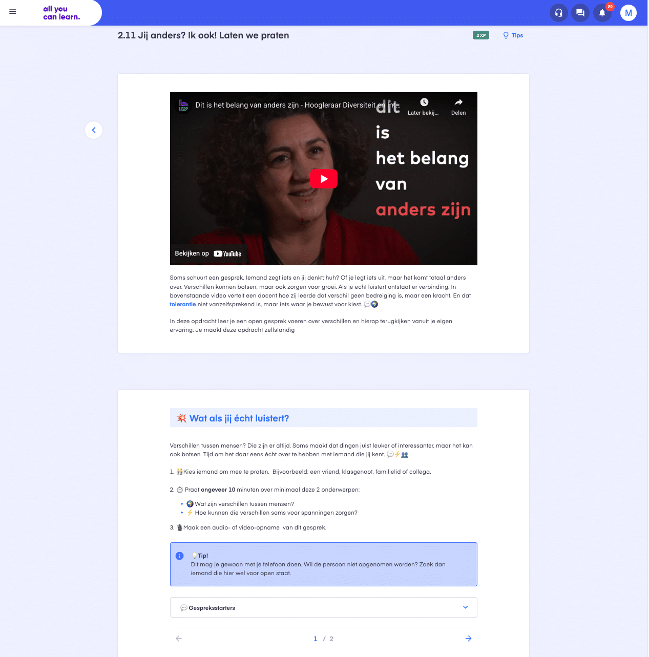 Opdracht over diversiteit en anders zijn, met een video waarin het belang van luisteren en tolerantie wordt uitgelegd.