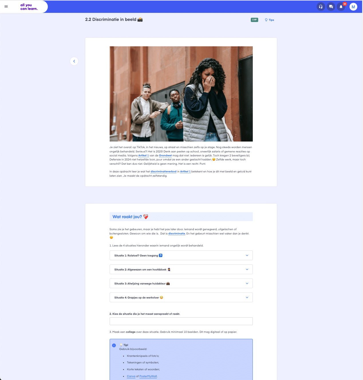 Beeld bij een burgerschapsopdracht over discriminatie, waarop iemand zichtbaar wordt buitengesloten in een alledaagse situatie.