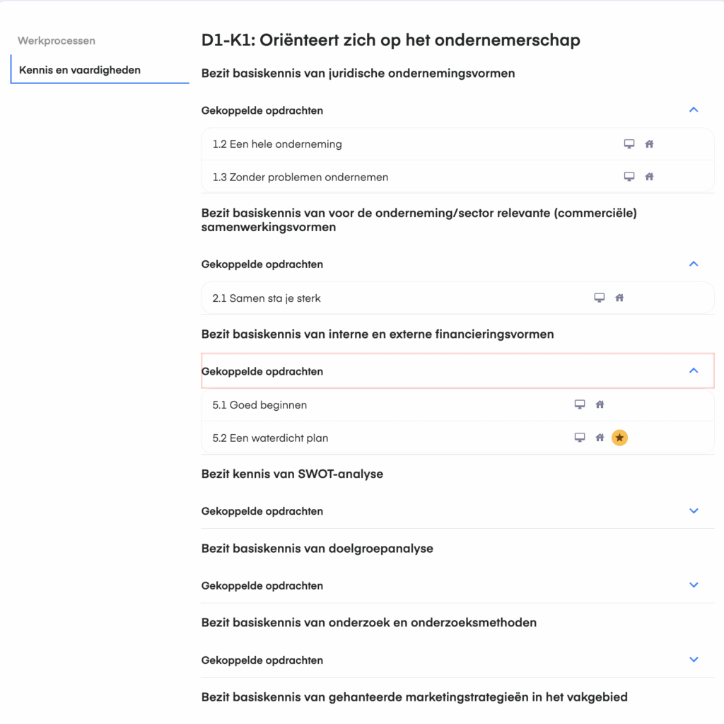 Overzicht van gekoppelde opdrachten binnen een keuzedeel over ondernemerschap