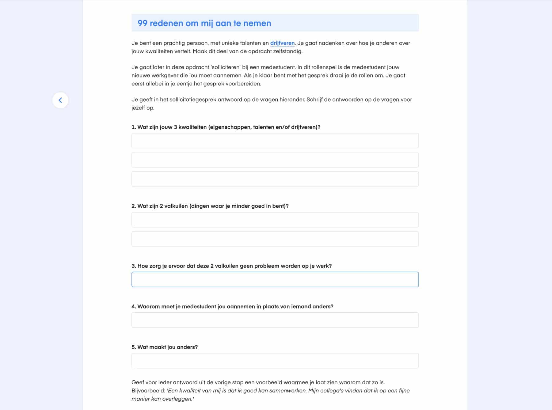 Opdrachtpagina “99 redenen om mij aan te nemen” uit Loopbaanoriëntatie B in All You Can Learn.