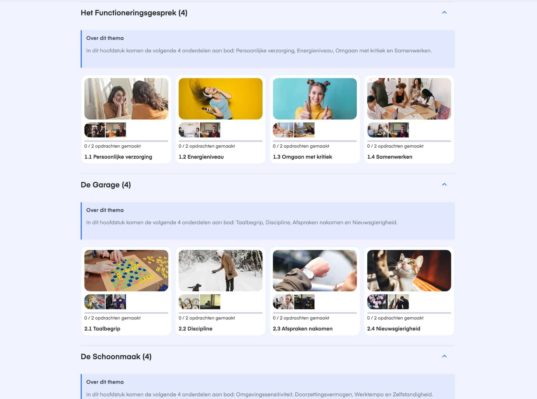 Overzichtspagina Loopbaanoriëntatie C in All You Can Learn met thema’s als functioneringsgesprek, discipline en samenwerken.