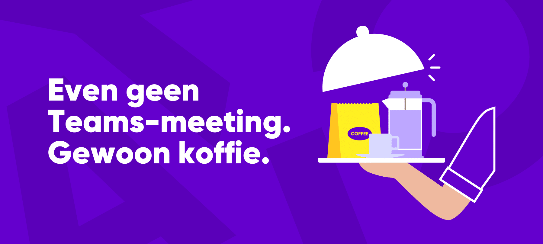 Paarse illustratie met een hand die een dienblad vasthoudt met een koffiepak, kopje en French press.