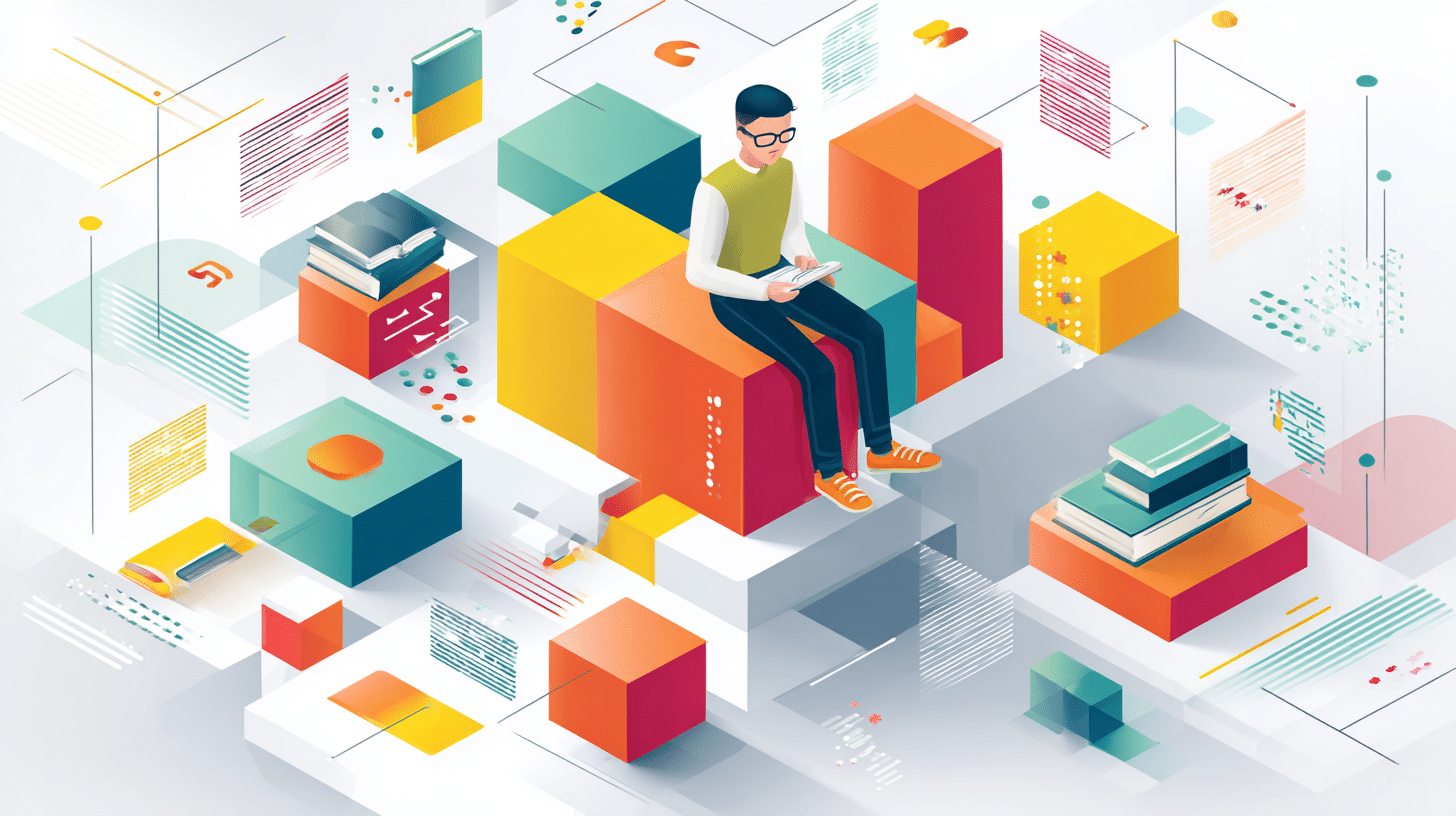 Een student zit op kleurrijke blokken en werkt digitaal in een abstracte leeromgeving vol boeken en geometrische vormen. De illustratie symboliseert modulair en flexibel mbo-onderwijs.
