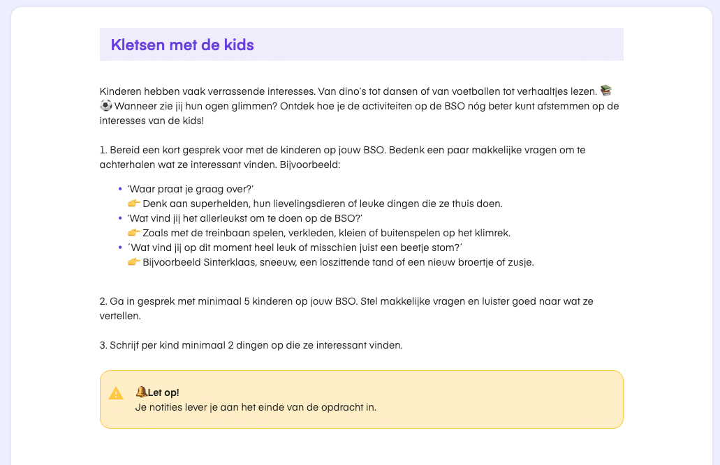 Voorbeeldopdracht 'Kletsen met de kids' uit de lerend kwalificeren-variant van BSO 4-8 jaar