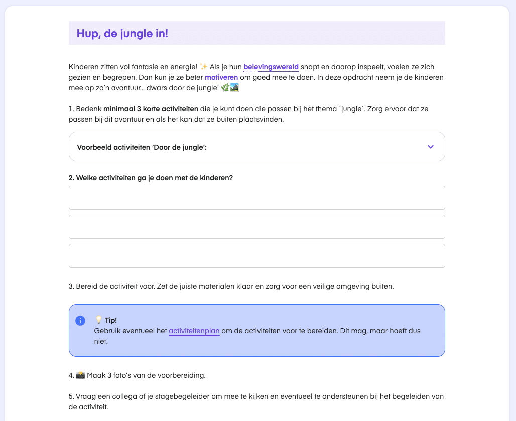 Voorbeeldopdracht 'Hup, de jungle in!' uit de lerend kwalificeren-variant van BSO 4-8 jaar